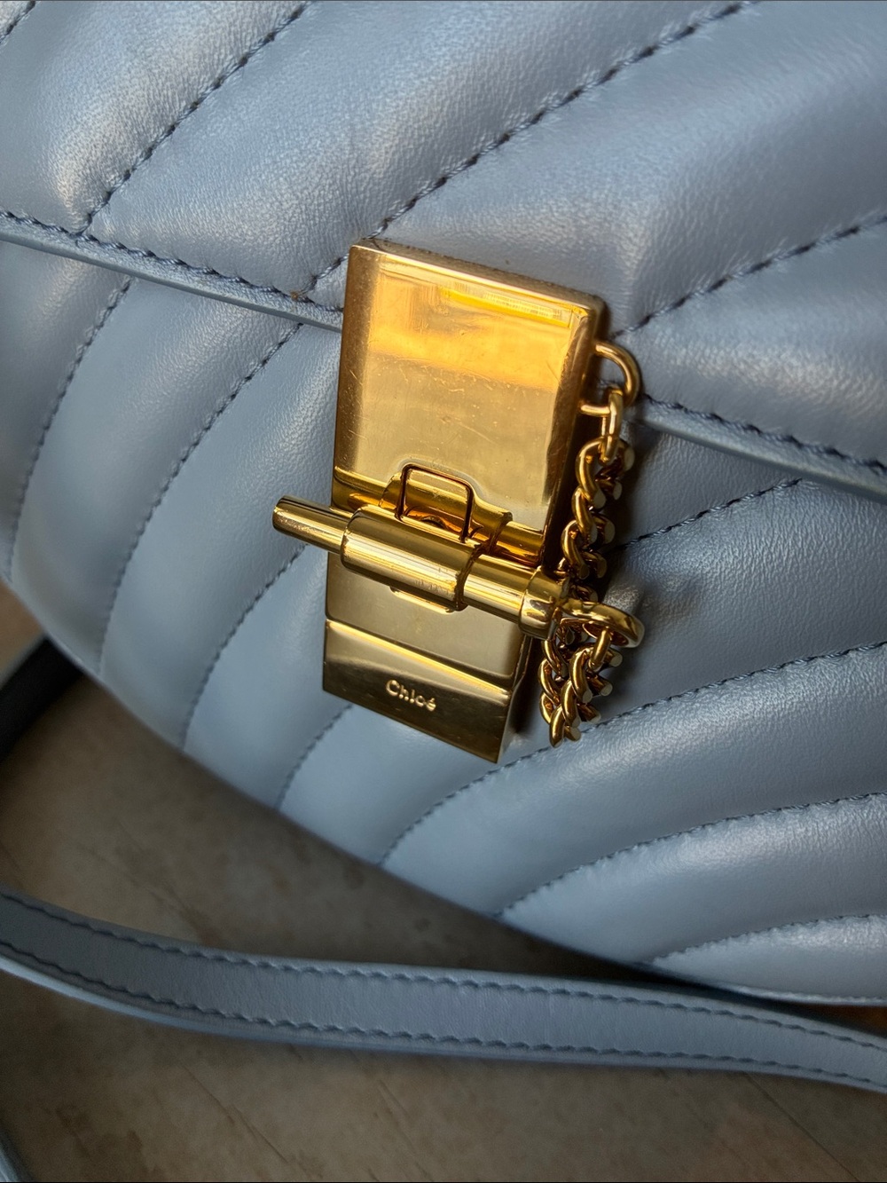 Chloe Light Blue Quilted Leather  Drew Bijou Crossbody with Gold Hardware - Picture 2 of 10